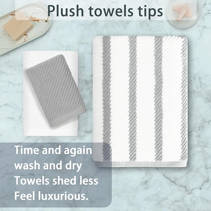 VOOVA & MOVAS Towel Set for Bathroom - 100% Cotton, Quick Dry, Thick, 3 Piece Towel Set, 1 Stripe Large Bath 30"x54",1 White Hand 18"x28",1 Grey Washcloth 13"x13",Dorm Room Essentials