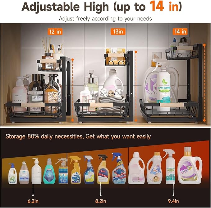 Sevenblue 2 Packs Under Sink Organizer, Height Adjustable 2 Tier Under Kitchen Sink Organizer, Multi-Purpose Storage Shelf for Kitchen Bathroom Cabinet (Black, Extra Large)