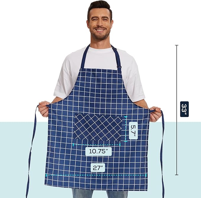 Will Well Kitchen Apron for Men and Women - 33" x 27" Oil-and-Water-Resistant with Adjustable Neck Strap and 38" Waist Ties for a Snug Fit, Lightweight with 2 Front Pockets - 6-Pack, Navy Checkered