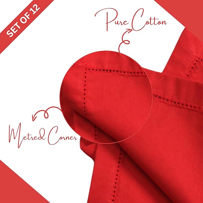 Lightnpro Christmas Red Cotton Napkins Set of 12, Beautiful Handmade Hemstitched Dinner Cloth Napkins, Washable and Reusable for Dining, Parties, Weddings, Holiday & Everyday Use - 18x18 Inch Red