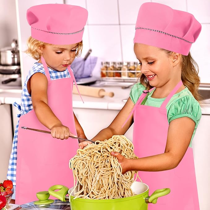 Handepo 28 Pcs Kid Apron and Chef Hat Set Adjustable Bib Apron with Pockets for Kids Cooking Baking Painting Crafting