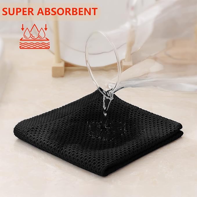 Kitinjoy 100% Cotton Kitchen Dish Cloths (12 X 12 Inches, Black), 8 Pack Waffle Weave Ultra Soft Absorbent Dish Towels for Drying Dishes Quick Drying Kitchen Towels Dish Rags