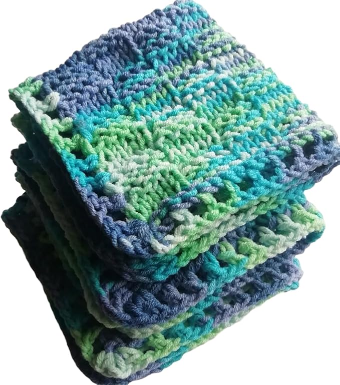 Cotton colorful dishcloth reusable set of 3, Knitted absorbent bright mini towels Dark blue-light green crochet square rags ecology