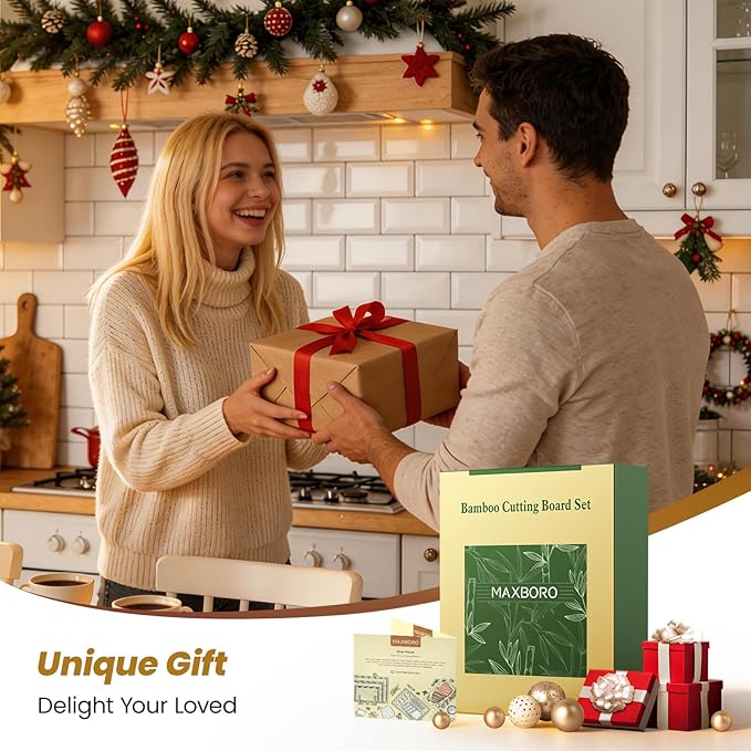 Bamboo Cutting Board Set of 3, Durable Wooden Chopping Boards with Distinctive Stand & Juice Grooves, Ideal for Meat, Vegetables, Fruit, Charcuterie Prep & Serving, Kitchen Gifts for Mom, Natural