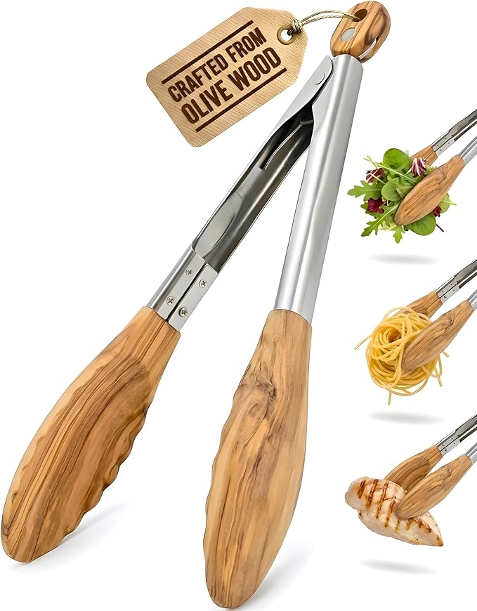 Premium Olive Wood Salad Tongs for Serving, 12 Inch Serving Tongs with 304 Stainless Steel Handle for Salad, Bread, BBQ, Pickles, Toaster & Kitchen Use