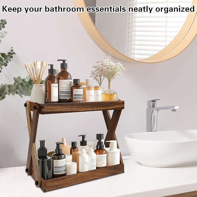 Wood Countertop Shelf Organizer, 2 Tier Wooden Shelf for Coffee Bar Accessories, Kitchen Spice Rack Organizer, Condiment Storage Caddy for Home, Office, Bathroom counter