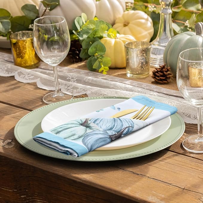 Qeeenar 12 Pcs Fall Cloth Napkin 20 x 20 Inch Blue Pumpkin Cloth Napkins Thanksgiving Autumn Harvest Pumpkin Buffalo Plaid Party Dinner Washable Decoration