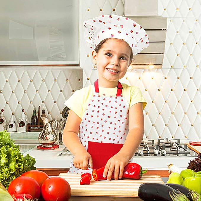 Jennice House Kids Apron and Chef Hat Set, Cute Children Baking Aprons for Cooking Baby Baking Aprons