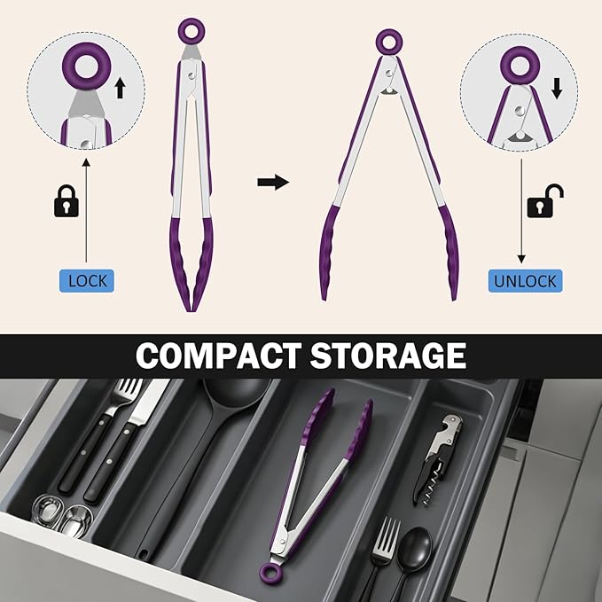 Kitchen Tongs, Stainless Steel Cooking Tongs with Silicone Tips, 600ºF High Heat-Resistant Non Scratch Locking Tongs for Cooking BBQ Grilling Air Fryer Pans, Set of 3 (7" 9" and 12") Purple