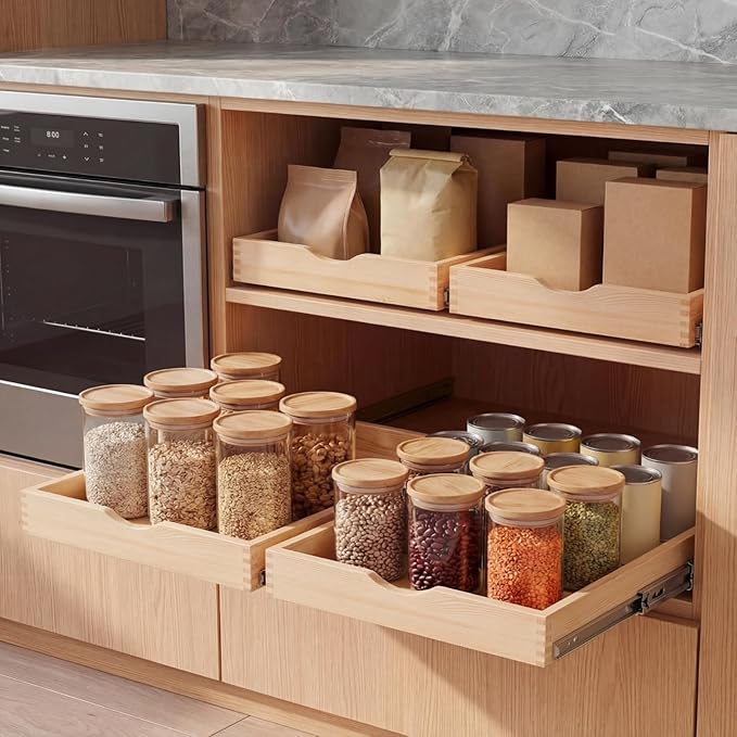 Menkxi 2 Set Wooden Pull out Cabinet Organizer Fully Assembled Slide out Pantry Drawer with Gentle Close Storage Shelf Tray for Base Kitchen Under Sink Bathroom Accessory(Wood Color,15'' X 21'' X 3'')