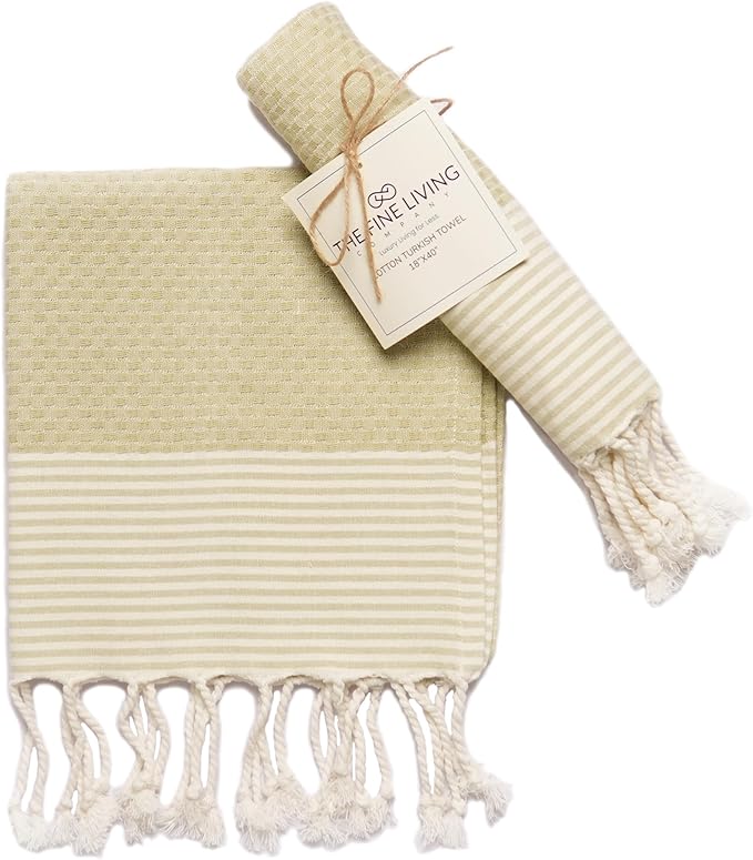 The Fine Living Co. Turkish Towels - Set of 2, 100% Cotton, Decorative for Bath, Face, Hair, Tea or Dishcloth, 40'x18' (Sage Green)