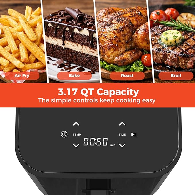 NEWBULIG Air Fryer, Compact Digital 3 Qt Airfryer with Nonstick Plate & Dishwasher Safe Basket, Quick Easy Meals, Features Auto Shutoff and Simple Touchscreen, Ideal for Small Spaces