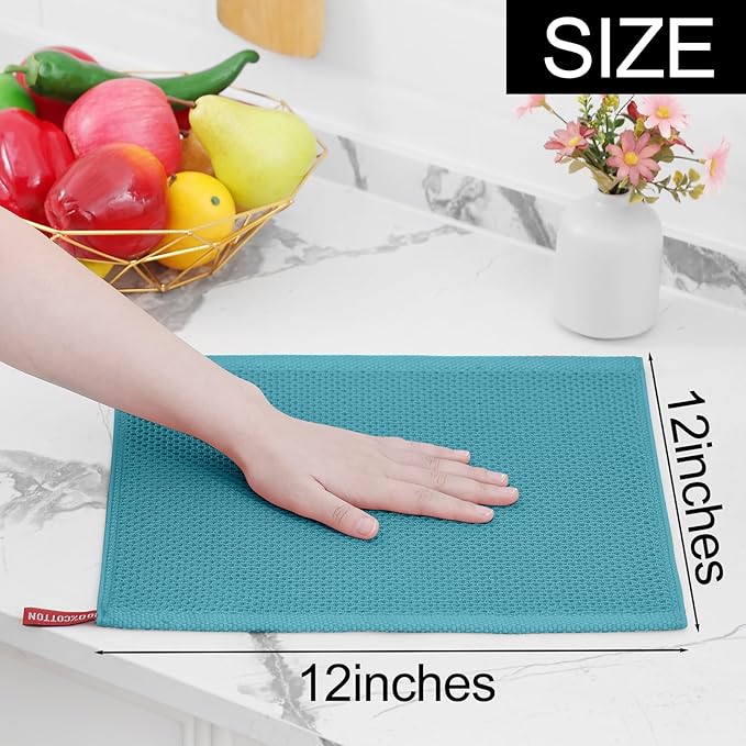 Homaxy 100% Cotton Waffle Weave Kitchen Dish Cloths, 4-Pack Ultra Soft Absorbent Dish Towels, Quick Drying Dish Rags, 12 x 12 Inches, Lake Blue
