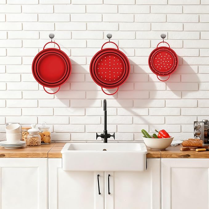 3 Pack Collapsible Colander with Strainer Bowl Set, 11 & 13 In BPA-Free Silicone Colanders for Kitchen, Heat-Resistant Space-Saving Strainer Dishwasher Safe Baskets for Vegetable Fruits(Red)