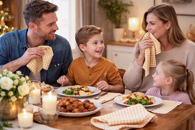 Mini Gingham Check Cloth Napkins Set of 4, 16"x16", 100% Cotton, Super Absorbent & Reusable, Washable Fabric Napkin Dinner, Events, Everyday Use - Mustard Yellow