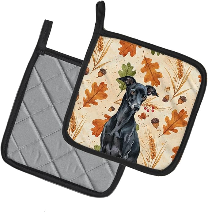 Caroline's Treasures Black Italian Greyhound Heirloom Fall Pair of Pot Holders Pair 7.5x7.5 Quilted Insulated Hot Pads Decorative Kitchen Gift Made in USA