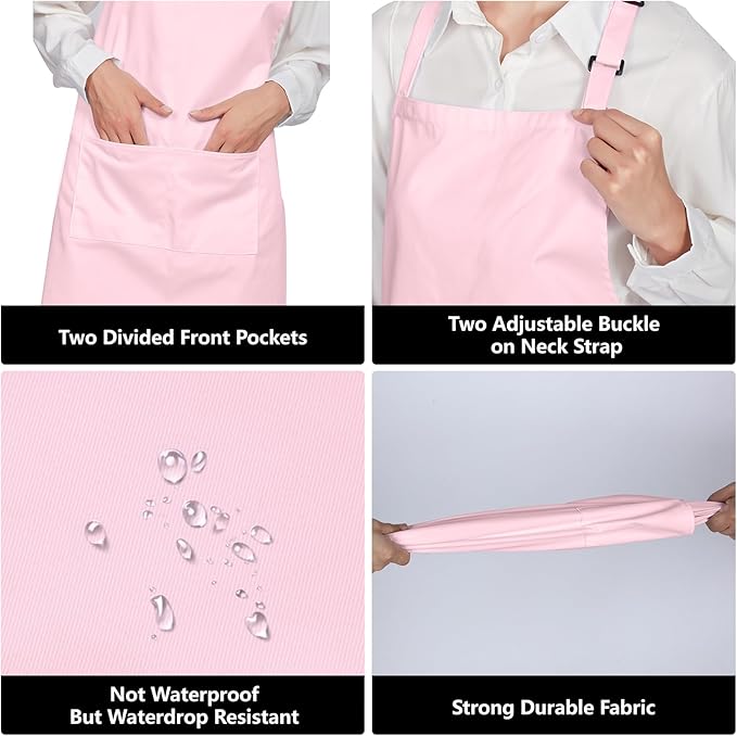 Jubatus 12 Pack 100% Cotton Aprons Bulk with 2 Pockets Cooking Chef Kitchen Adjustable Bib Apron for Women Men, Pink
