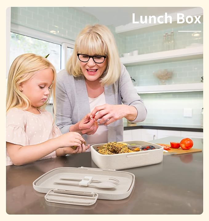 Bento Lunch Box, 5 Compartments Lunch Container for Kids/Adults with Snack cup, Wheat Fiber Eco-Friendly Double Insulated Boxes, Dishwasher and Microwave Safe, BPA-Free (White)