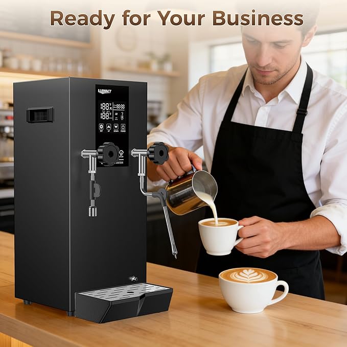 Commercial Steam Milk Frother,1.6Bar Fast Frothing in 15s,2000W 8L Boiler for Continuous Use, Temp Probe, Triple Safety, 3-in-1 Hot Water & Steam with LED Display for Coffee Shops& Restaurant
