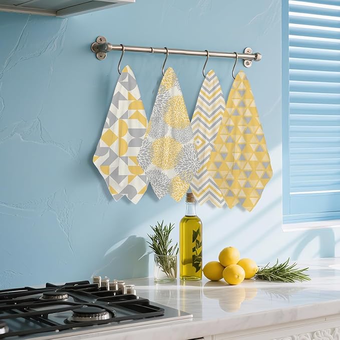 4 Pcs Abstract Artistic Kitchen Towels, Yellow Flower Soft Absorbent Tea Hand Towel, Microfiber Dish Cloths for Drying Dishes, Waffle Dish Towels for Kitchen Bathroom Home Decor for Women Mom