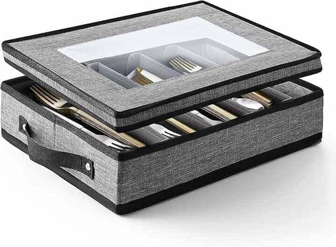 Flatware & Utensil Storage, Durable Silverware Storage Box with Padded Dividers, 5 Compartment Flatware Storage Case, Silverware Case with Handles, Protects and Organizes Cutlery, Grey