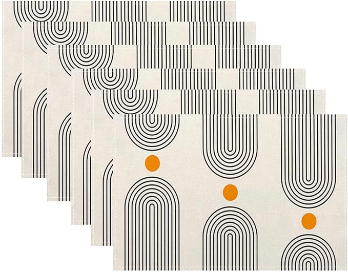 Boho Mid Century Placemats 12x18 Inch Set of 6, Abstract Simple Sun Arch Pattern Table Place Mat Boho Modern Yellow Spot Washable Table Mats Decorative Linen Fabric Table Mat for Dining Table