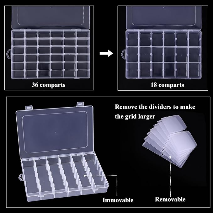 OUTUXED 4 Pack 36 Grids Plastic Bead Organizer Box with Dividers, Clear Craft Tackle Box Parts Storage Containers with Compartments for Jewelry Fishing Tackle Art DIY with 5 Sheets Label Stickers