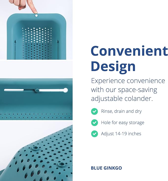 BLUE GINKGO Over the Sink Colander Strainer Basket - Wash Vegetables and Fruits, Drain Cooked Pasta and Dry Dishes - Extendable - New Home Kitchen Essentials (Green, 2 Pack)