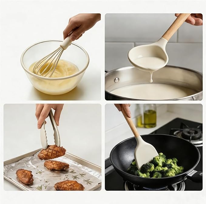 Silicone Cooking Utensil Set,12 PCS Cooking Kitchen Utensils Set, Nonstick Kitchen Utensils 446°F Heat-Resistant Cookware Kitchen Tools of Spoon,Brush,Whisk,Spatula,Turner Tongs (Khaki)