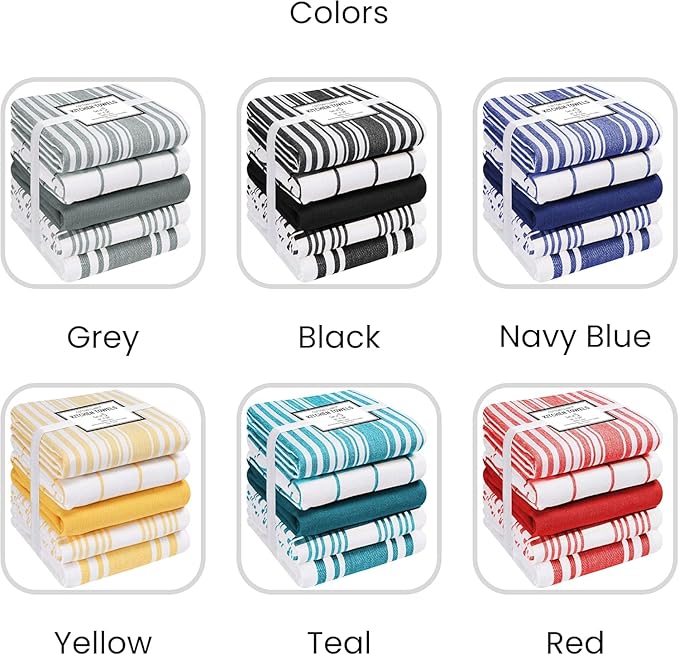 Cotton Clinic Assorted Kitchen Towels 5 Pack – Soft Absorbent Quick Drying Table & Kitchen Linen - Dish Towels, Dish Cloths, Tea Towel and Cleaning Towel with Hanging Loop – 16x28 / Teal Green White