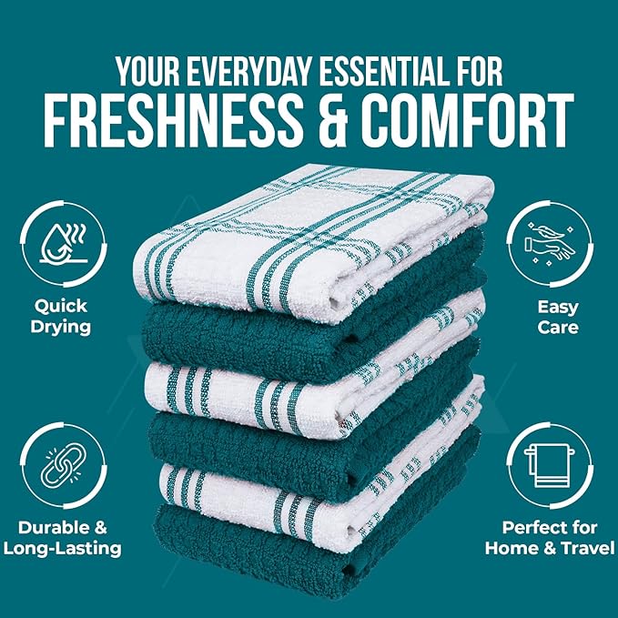 DAN RIVER Premium Kitchen Towels - [Pack of 12] 100% Cotton (16x 26 Inches) -Super Soft,Highly Absorbent, Quick Dry, Dish Towels for Kitchen Towels -Teal