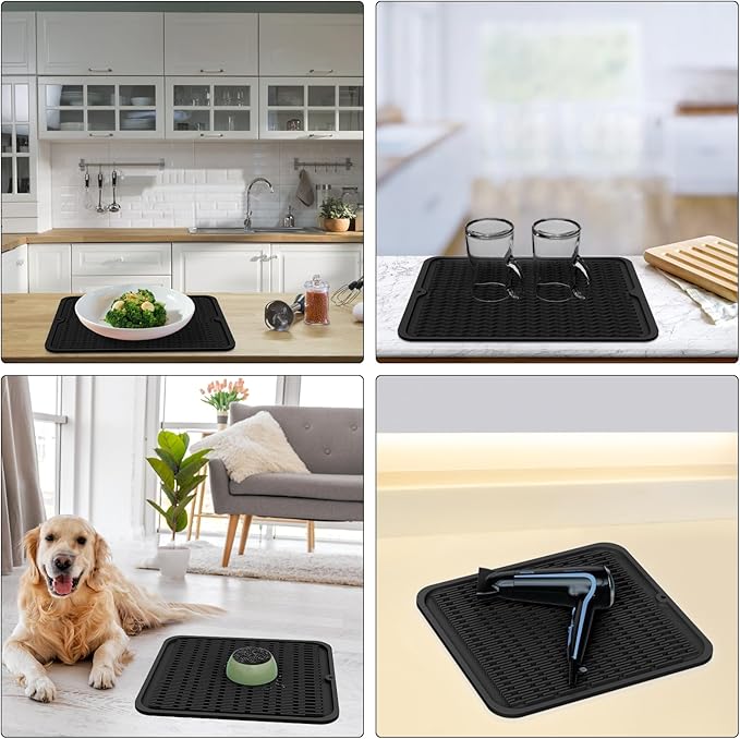 ZLR 2 Pcs Silicone Dish Drying Mat & Heat Resistant Trivet (12" x 16") - Waterproof Counter Protector for Coffee Maker - Non-Slip, BPA Free Kitchen Pad, Easy Clean Dishwasher Safe (Black)