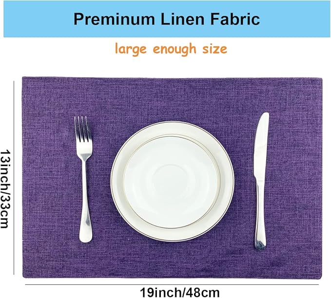 Weabetfu Cloth Placemats Set of 8 Heat Resistant Dining Table Placemmats Cotton Linen Machine Washable Kitchen Table Mats Wrinkle Free Thick Fabric Place Mat,Easy to Clean,13"x19" Purple