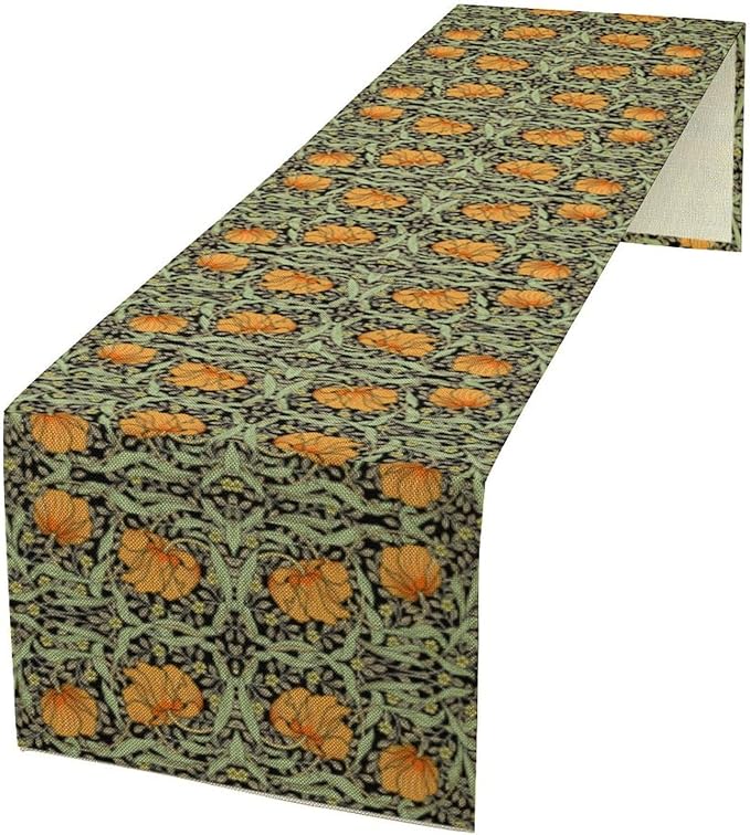 William Morris Vintage Floral Table Runner Farmhouse Sage Green Orange Art Printed Dinner Runner for Home Kitchen Dining Table Decor Fabric 1 Panel W13xL120in