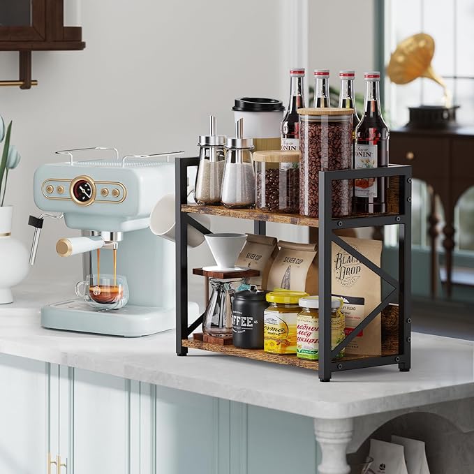 Spice-Rack-Organizer-Shelf for Kitchen Counter, 2 Tiers Coffee Bar Station Organizer for Countertop，Space Saving Desk Shelving Riser Unit (Rustic Brown, Small)
