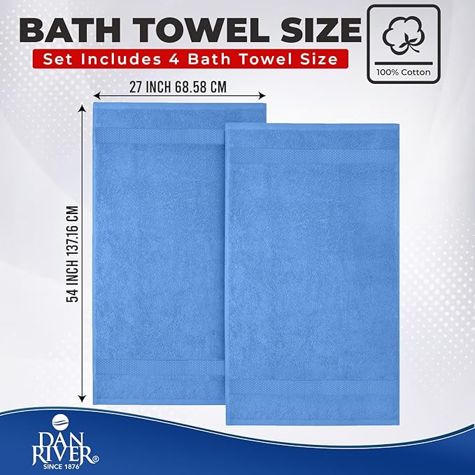 DAN RIVER Bath Towels Set of 4, 27 x 54 Inches, 100% Cotton, Larger & Lighter Weight, Quicker to Dry, Super Soft and Absorbent, Ideal Cotton Towels for Bathroom for Daily Use, Medium Blue