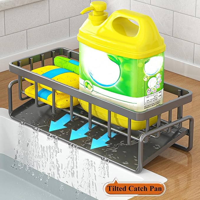 Sponge Holder for Kitchen Sink with Rag Holder, Kitchen Countertop Organizers and Storage Essentials, Rustproof Carbon Steel, Soap Dispenser Organize (Black)