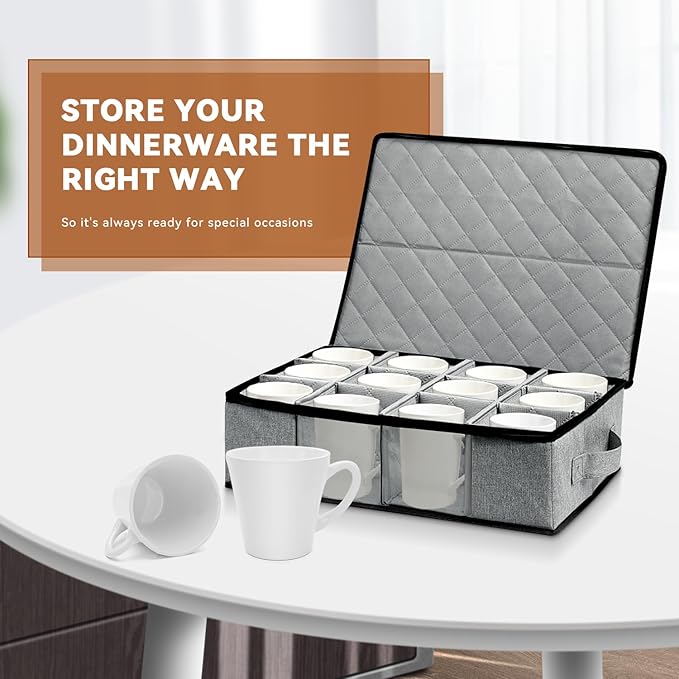 China Cup and Mug Storage Container, 12 Compartments Mug Storage Box with Hard Shell and Dividers Foldable Dustproof China Containers for Protection and Moving Coffee, Tea Cups and Glasses - Gray