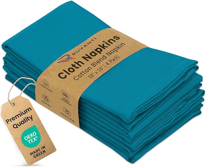 Ruvanti Cloth Napkins Set of 4, 18x18 Inches Napkins Cloth Washable, Soft, Durable, Absorbent, Cotton Blend. Table Dinner Napkins Cloth for Hotel, Lunch, Restaurant, Wedding Parties - Teal