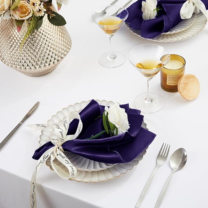 KKJIAF Purple Silky Satin Napkins (12 Pieces, 17x17 Inches),Washable Polyester Square Table Napkins for Wedding Dinner Party Decoration