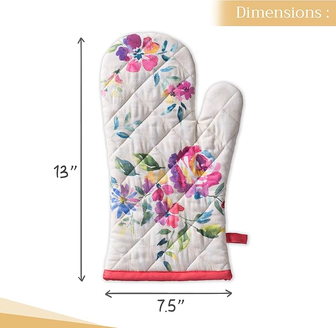 Maison d'Hermine Oven Gloves 100% Cotton Oven Mitt 7" x 13" with Loop Heat Resistant BBQ Cooking Gloves Baking Grilling Gifts for Mothers Day Spring/Summer (Pack of 1, Rose Garden)