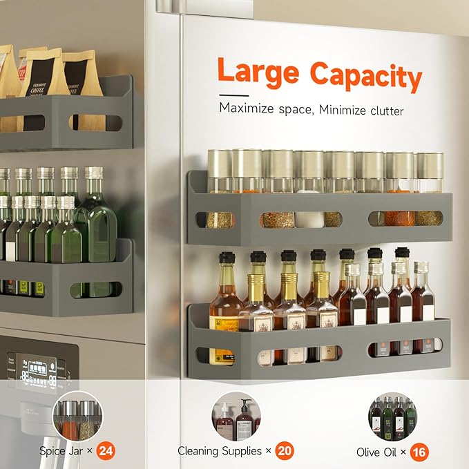Sevenblue 4 Pack Strong Magnetic Spice Rack for Refrigerator, Multipurpose Magnetic Shelf for Fridge with 4 Hooks for kitchen and Bathroom Organization, Grey