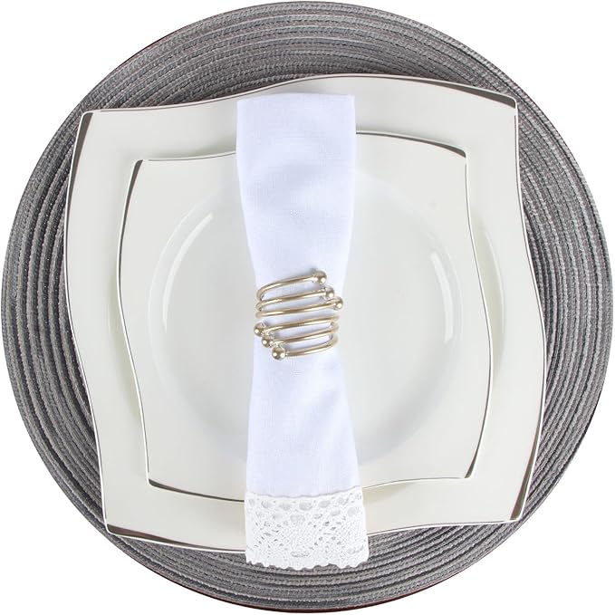 EHouseHome Dinner Cloth Napkins with Lace Trim Waterproof Spillproof Faux Linen Fabric Napkins,Set of 6, 18 x 18 Inch,White