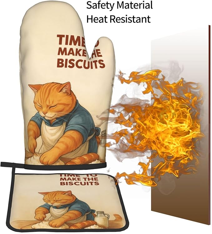 Cute Cat Oven Mitts and Pot Holder Set, Funny Heat Resistant Kitchen Gloves Hot Pad, Cooking Baking Lovers Spring Easter Gifts for Women, Whimsical Kitchen Decor & Gifts for Chef Cooks Cat Lovers Mom