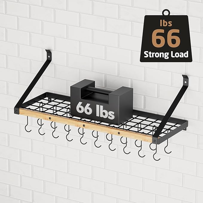 KES Pot Rack Wall Mounted 34 Inch, Pot and Pan Hanging Rack with 20 Sturdy Hooks, Solid Wood Pot and Pan Hanger Organizer, Matte Black, KUR529S85A-BK