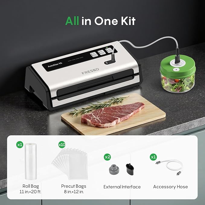 FRESKO Food Vacuum Sealer with Automatic Bag Detection, 0.2-inch Widened Heating Strip, Built-in Bag Roll Storage & Cutter, 2 Rolls Bags, Starter Kit