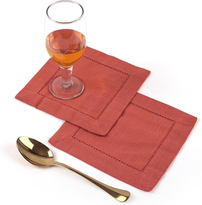 FINGERCRAFT Cocktail Napkins 6 x 6 Inch Premium Quality Cotton, Generous Hemstitch and Mitered Corner Set of 12 Coaster Cloth Rust