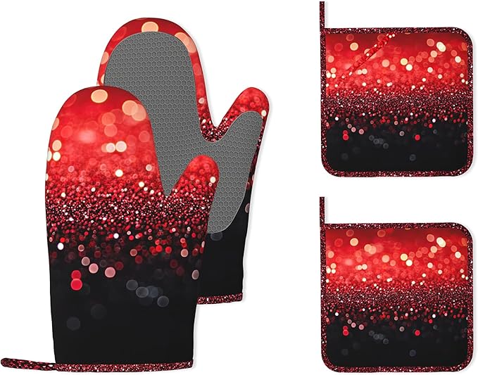 Red Gradient Sparkle Heat-Resistant Silicone Oven Mitts and Pot Holders,Long Oven Gloves with Non-Slip Grip for Cooking, Baking, Grilling,BBQ
