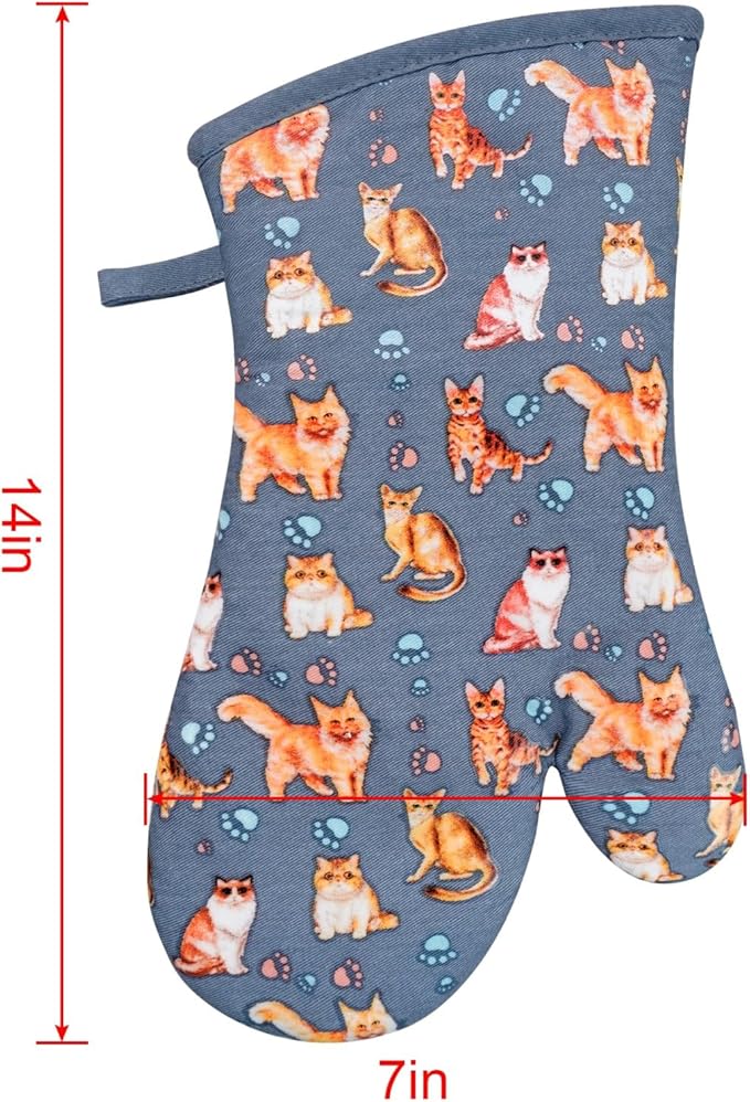 Oven Mitts Gloves 1 Pair Heat Resistant 480 ℉ Non Slip Clear Silicone Printed Cat Comfortable Cotton Lining Kitchen Men Cooking Barbecue Machine Washable (Cat, Grey Mitts)