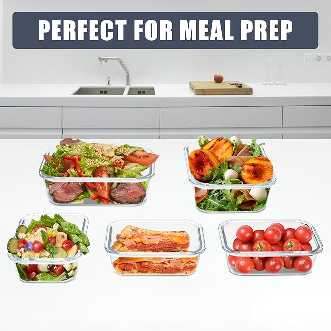 6 Pack Glass Food Storage Containers with Airtight Lids, Meal Prep Containers for Lunch, Leftovers, BPA Free (Grey)